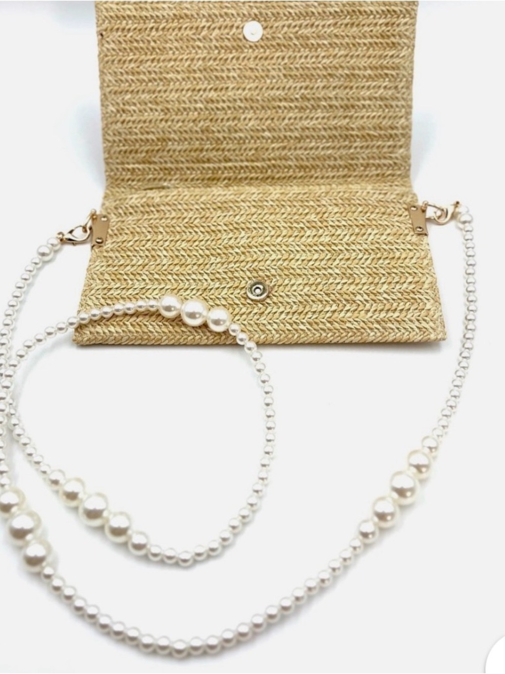 Dior Beige Woven Straw Clutch with Pearl Strap - Picture 2 of 4
